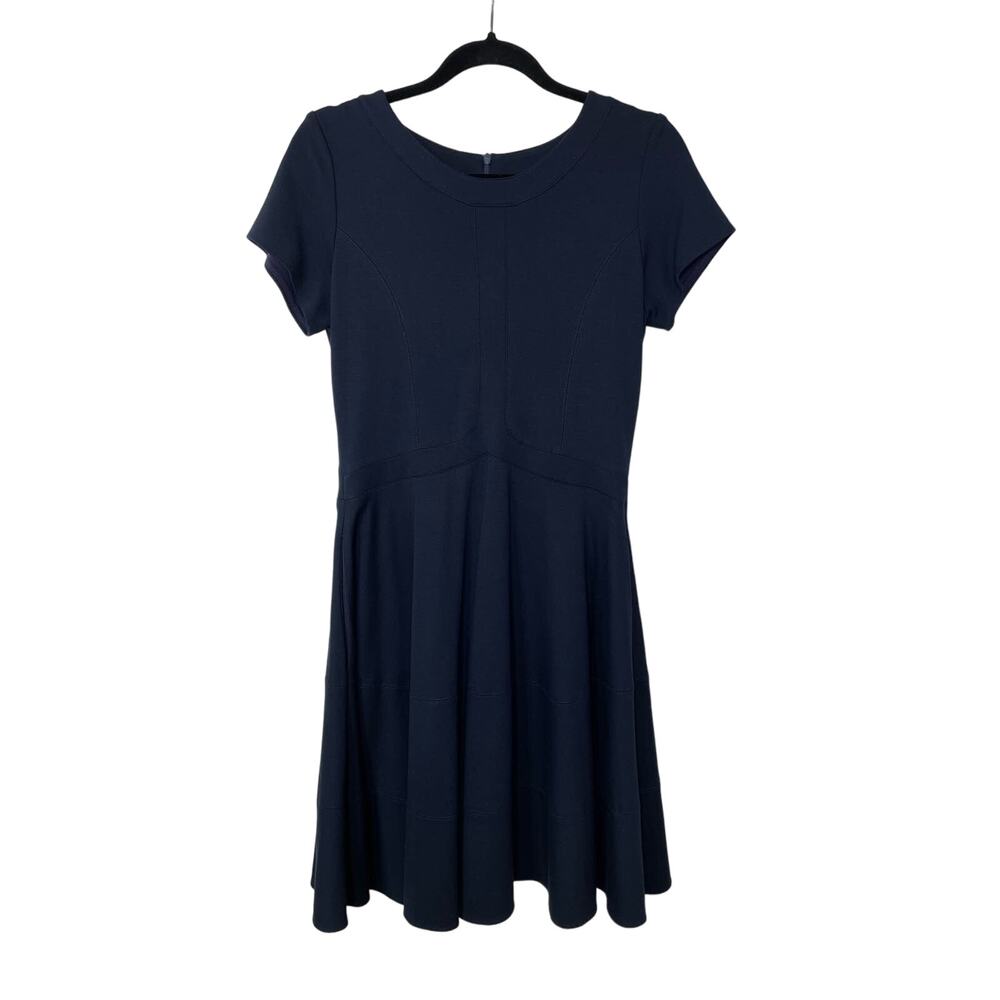 Jigsaw Flare Dress Short‎ Sleeve Stretch Side Pockets Knee Length Navy Blue 8